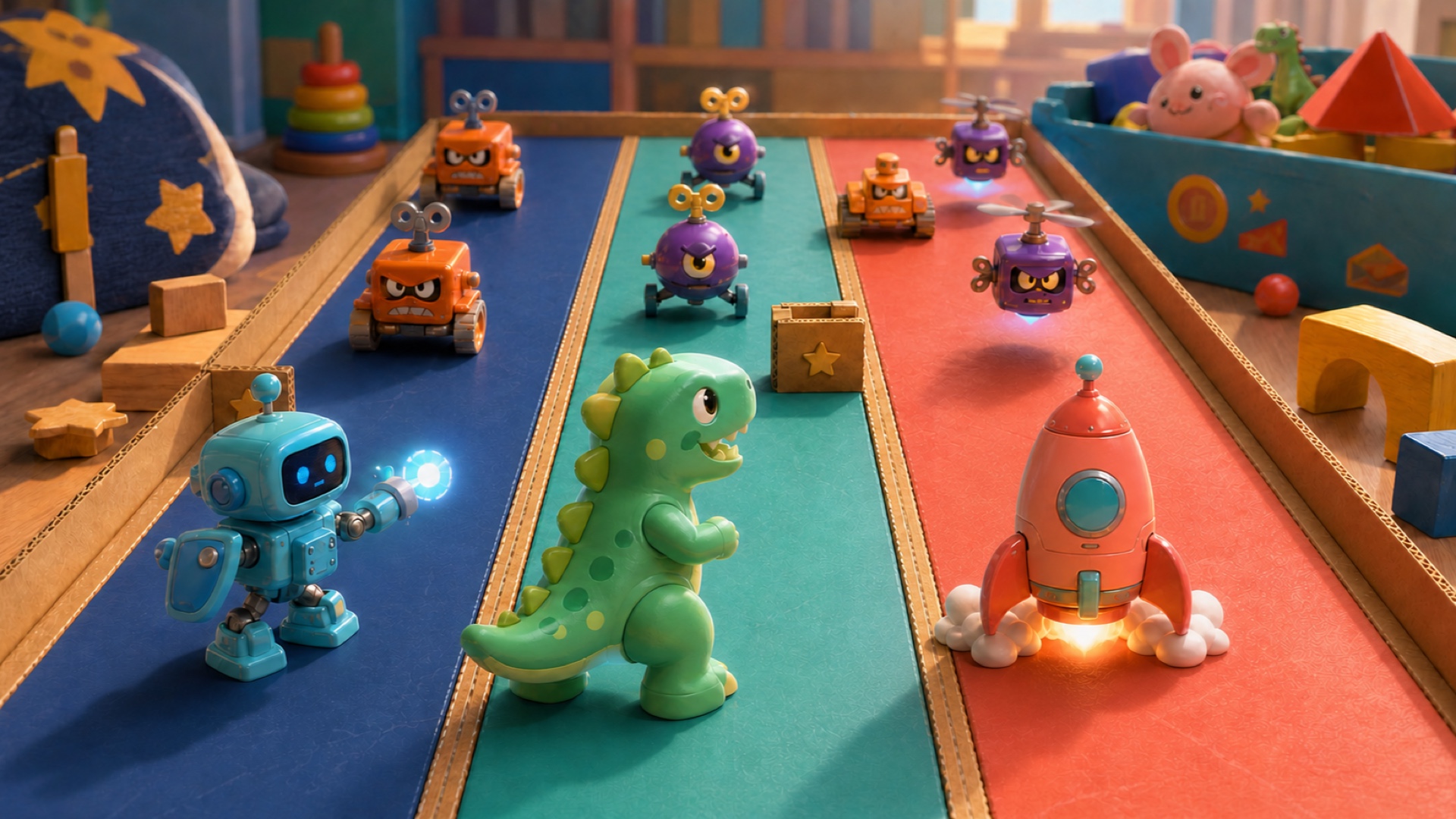 Robot, dinosaur and rocket toys defending a colorful tabletop